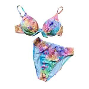Size L//Vintage 90s Velvet Velour Rainbow Butterfly Bikini Swimsuit